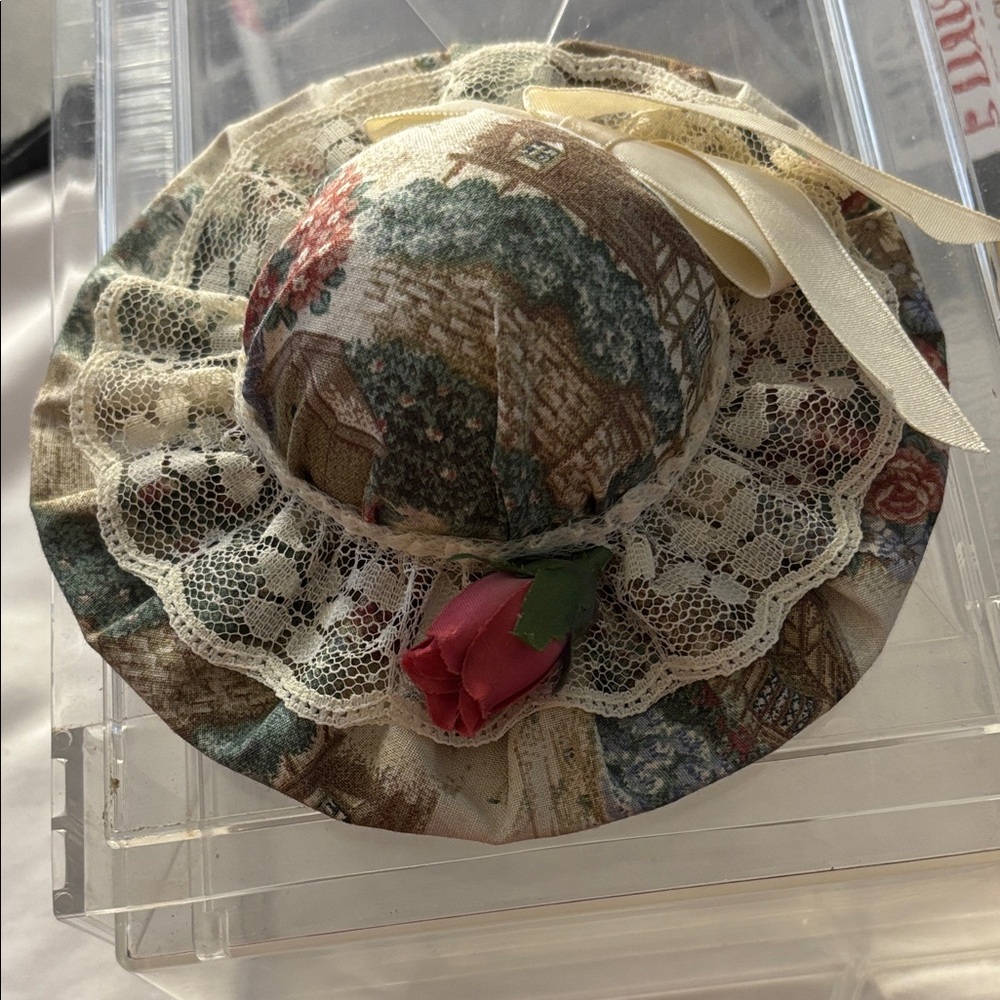 Floral Lace Women's Hat with Ribbon and Rose Needle and Pin Holder